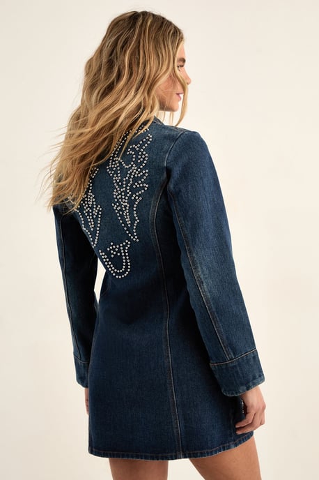 Western Studded Zip Front Denim Mini Dress - Image 4