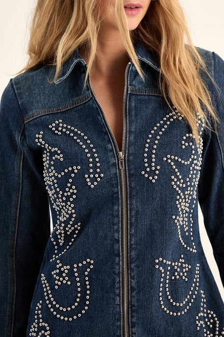 Western Studded Zip Front Denim Mini Dress - Image 5