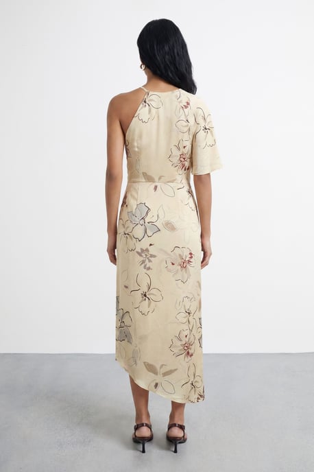Floral Print Asymmetric One Sleeve Bias Maxi Dress With Keyhole - Image 3