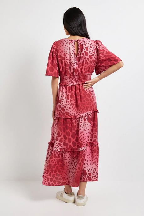 Petite Pink Animal Shirred Waist Angel Sleeve Tiered Maxi Dress - Image 3