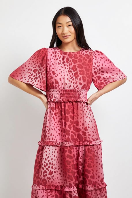 Petite Pink Animal Shirred Waist Angel Sleeve Tiered Maxi Dress - Image 4