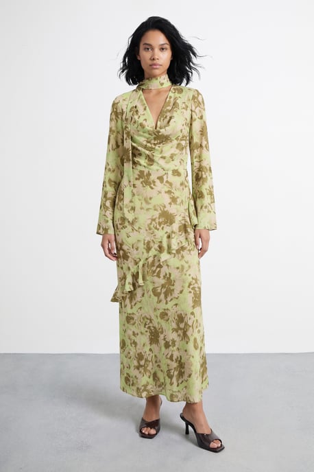 Petite Long Sleeve Cowl Neck Floral Print Ruffle Detail Maxi Dress - Image 1