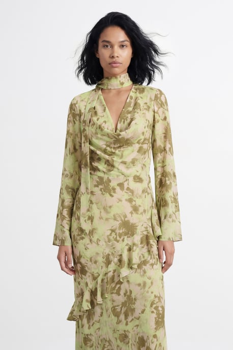 Petite Long Sleeve Cowl Neck Floral Print Ruffle Detail Maxi Dress - Image 4