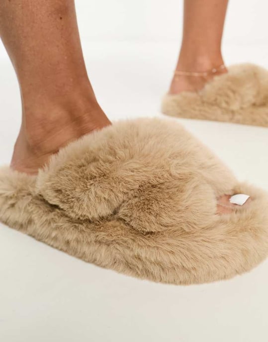 Simmi London Fuzzy cross strap slippers in Mink - Image 2