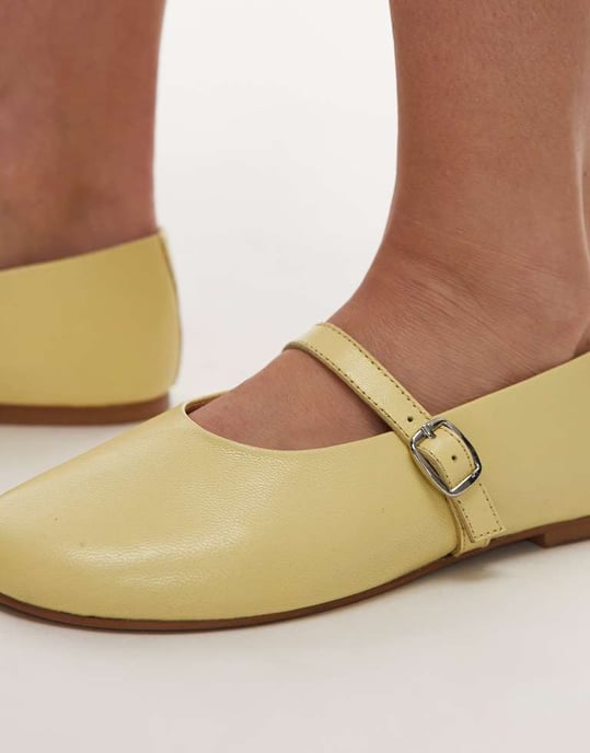 Topshop Ash real leather ruched ballet flat shoes with buckle in pale yellow - Image 2