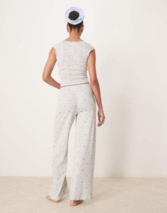 Gina Tricot mix and match pointelle embroidered edge cotton pyjama bottoms with blue bows in grey melange - Image 3