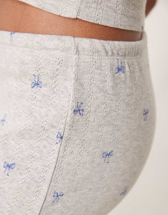 Gina Tricot mix and match pointelle embroidered edge cotton pyjama bottoms with blue bows in grey melange - Image 4