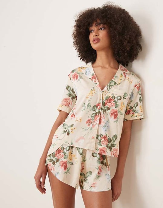 Abercrombie & Fitch short sleeve button up pyjama shirt in multi floral co-ord - Image 1
