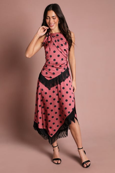 Halter Neck Polka Dot Fringe Satin Midi Dress - Image 1
