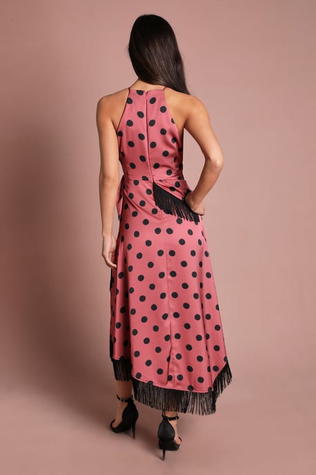 Halter Neck Polka Dot Fringe Satin Midi Dress - Image 3