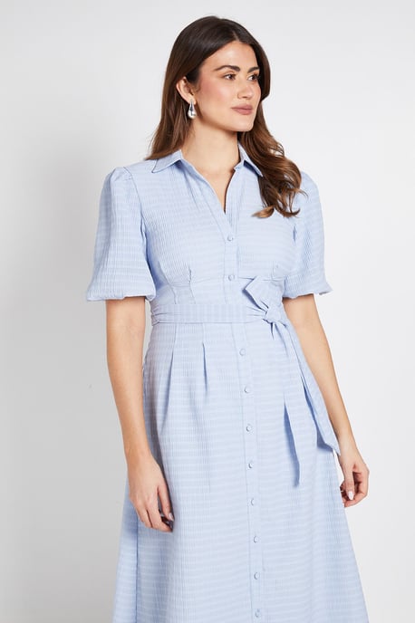 Textured Organza Puff Sleeve Shirt Dress - Image 2