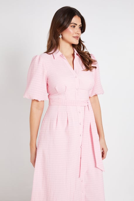 Textured Organza Puff Sleeve Shirt Dress - Image 2