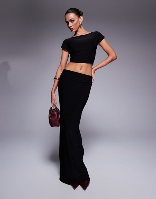 Kaiia exclusive double layered slinky boatneck low back crop top co-ord in black - Image 4
