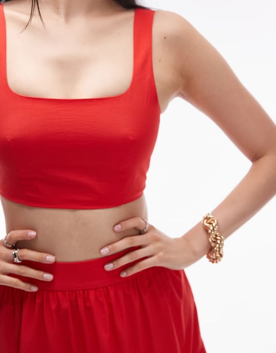 Topshop co-ord taffeta square neck crop top in red - Image 2