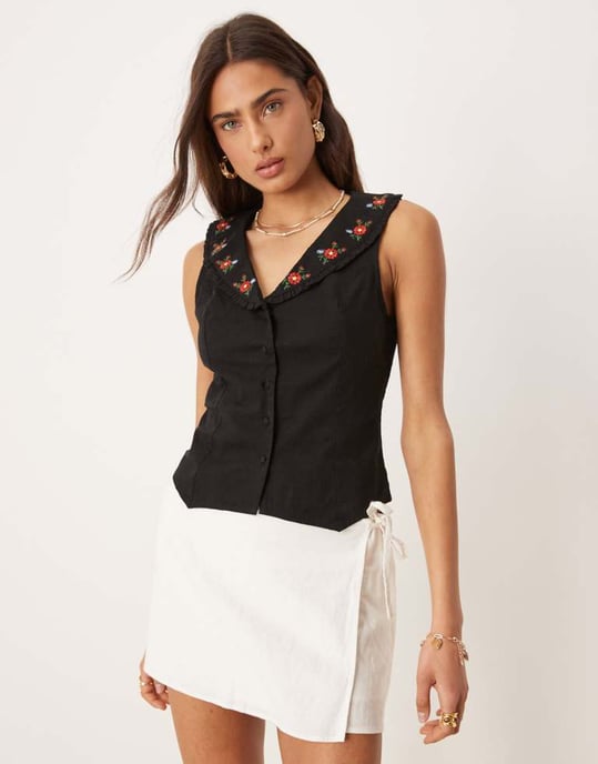 Nobody's Child Penny embroidered collar crop top in black - Image 4