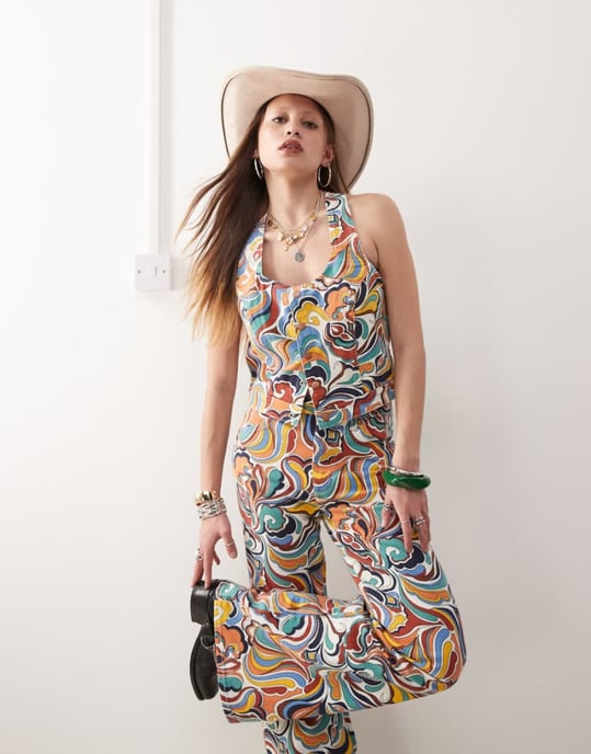 Wrangler co-ord denim crop top in all over bright 70s print - Image 1