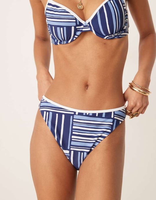 Abercrombie & Fitch mid rise contrast trim bikini bottom co-ord in blue stripe print - Image 2