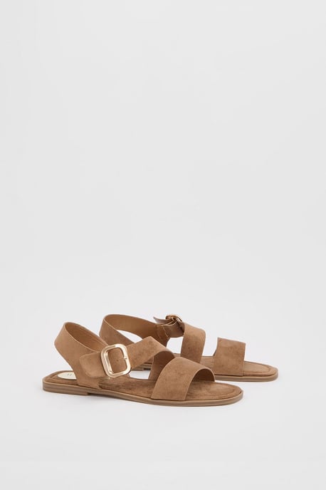 Sandie Faux Suede Buckle Detail Asymmetrical Flat Sandals - Image 1