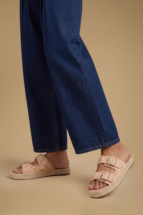 Eva Embroidered Espadrille Buckle Detail Flat Sandals - Image 1