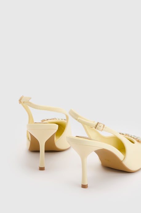 Diana Yellow Faux Leather Square Coloured Trim Medium Stiletto Heel Slingback Court Shoes - Image 2