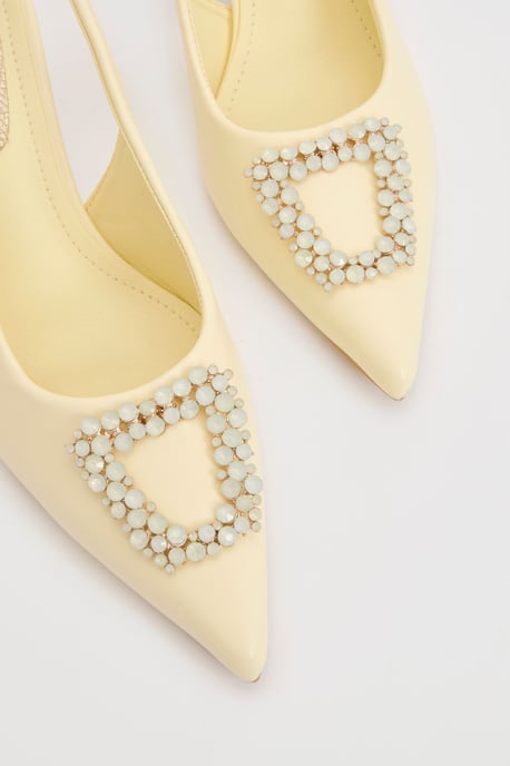 Diana Yellow Faux Leather Square Coloured Trim Medium Stiletto Heel Slingback Court Shoes - Image 3