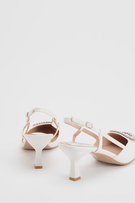 Layla Faux Leather Woven Embellished Square Trim Point Kitten Heel Court Shoes - Image 2