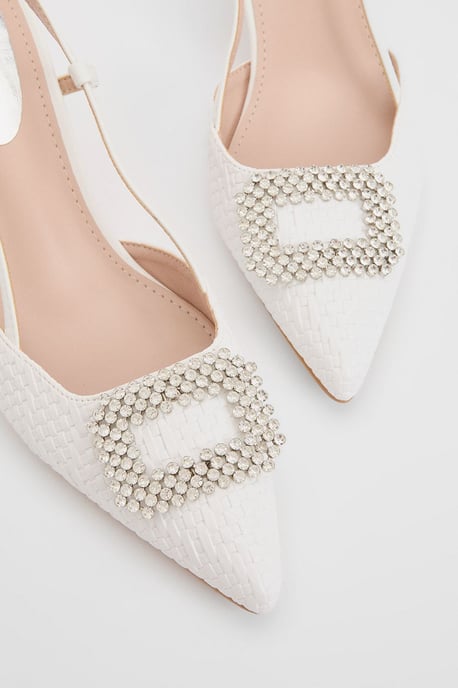 Layla Faux Leather Woven Embellished Square Trim Point Kitten Heel Court Shoes - Image 3