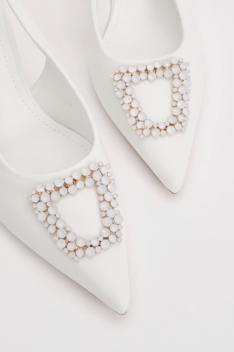 Diana White Faux Leather Square Coloured Trim Medium Stiletto Heel Slingback Court Shoes - Image 3