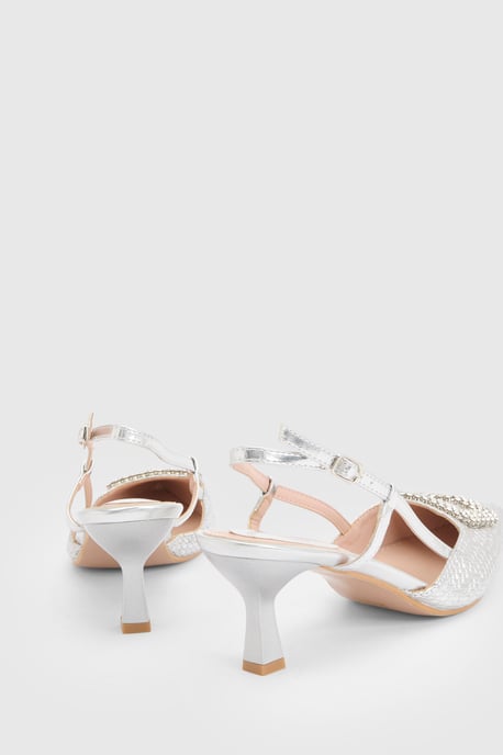 Layla Faux Leather Woven Embellished Square Trim Point Kitten Heel Court Shoes - Image 2