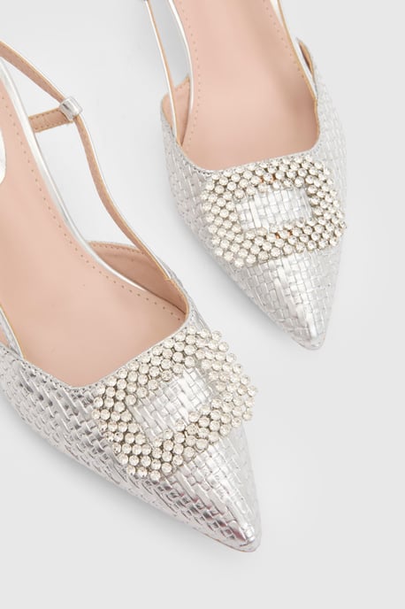 Layla Faux Leather Woven Embellished Square Trim Point Kitten Heel Court Shoes - Image 3