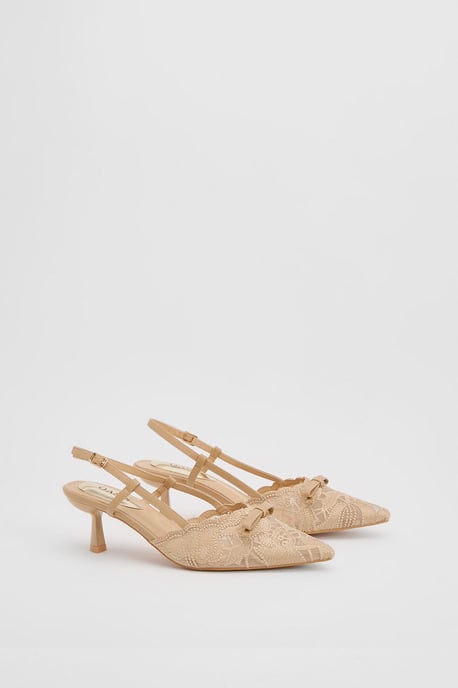 Kitty Lace Slingback Bow Detail Kitten Heel Court Shoes - Image 1