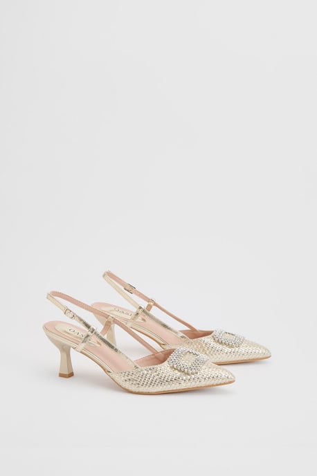 Layla Faux Leather Woven Embellished Square Trim Point Kitten Heel Court Shoes - Image 1