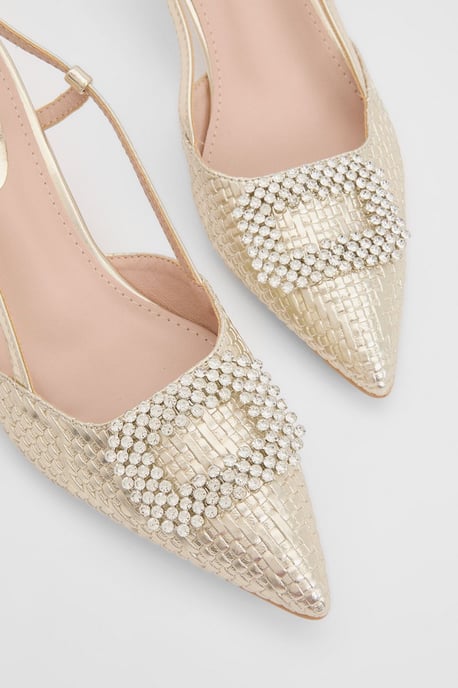 Layla Faux Leather Woven Embellished Square Trim Point Kitten Heel Court Shoes - Image 3