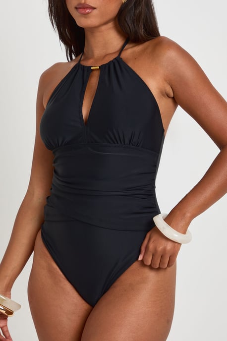 Tummy Control Cut Out Halter Neck Gold Trim Detail Swimsuit - Image 3