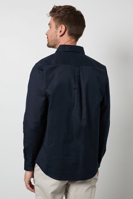 Navy Long Sleeve Linen Blend Shirt - Image 3