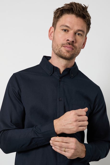 Navy Long Sleeve Linen Blend Shirt - Image 4
