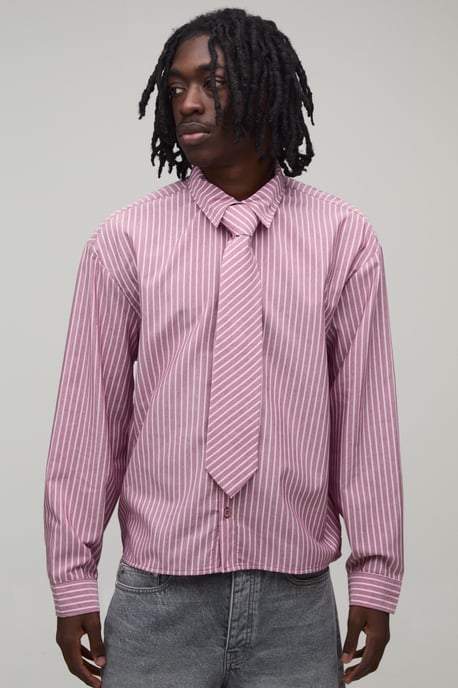 Oversized Boxy Stripe Shirt and Tie - Image 1