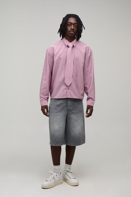 Oversized Boxy Stripe Shirt and Tie - Image 4