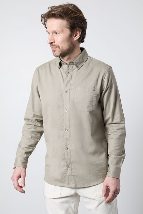 Khaki Long Sleeve Linen Blend Shirt - Image 1