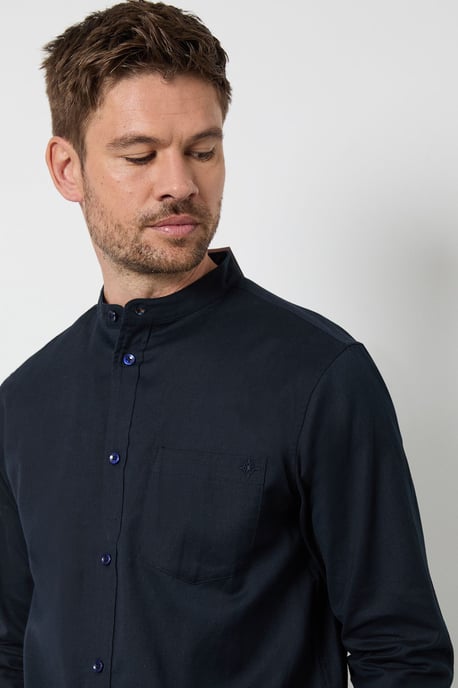 Navy Grandad Long Sleeve Linen Blend Shirt - Image 4
