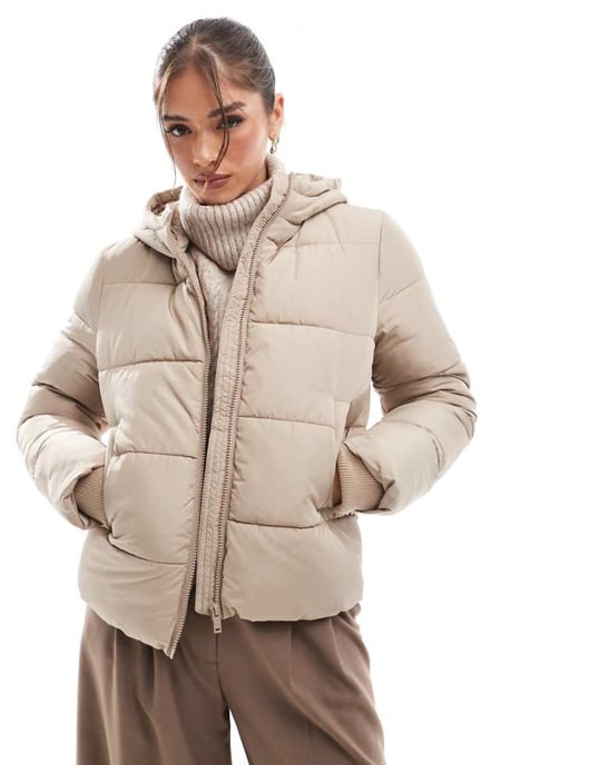 Pieces padded coat with hood in soft beige - Image 1
