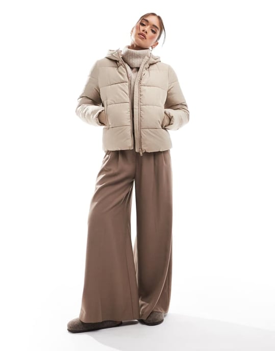 Pieces padded coat with hood in soft beige - Image 2