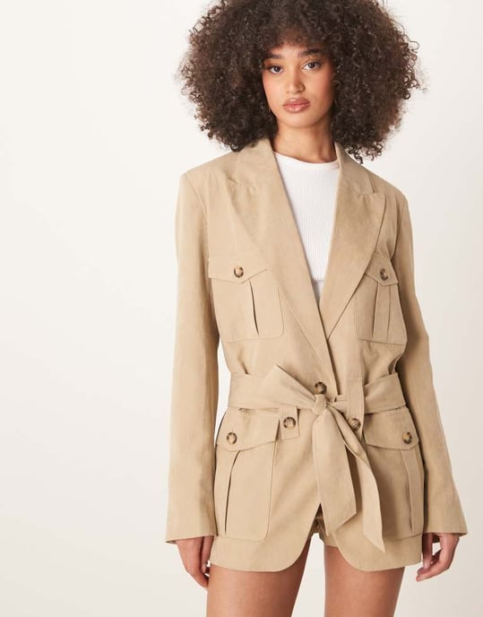 ASOS DESIGN faux suede utility blazer co-ord in tan - Image 2