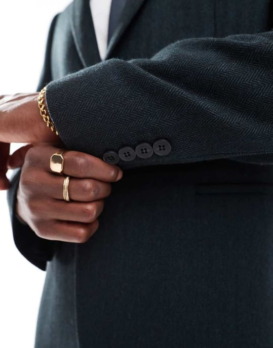 ASOS DESIGN slim fit ullblandning kostymjacka i fiskbensmönster i mörkgrön - Image 3