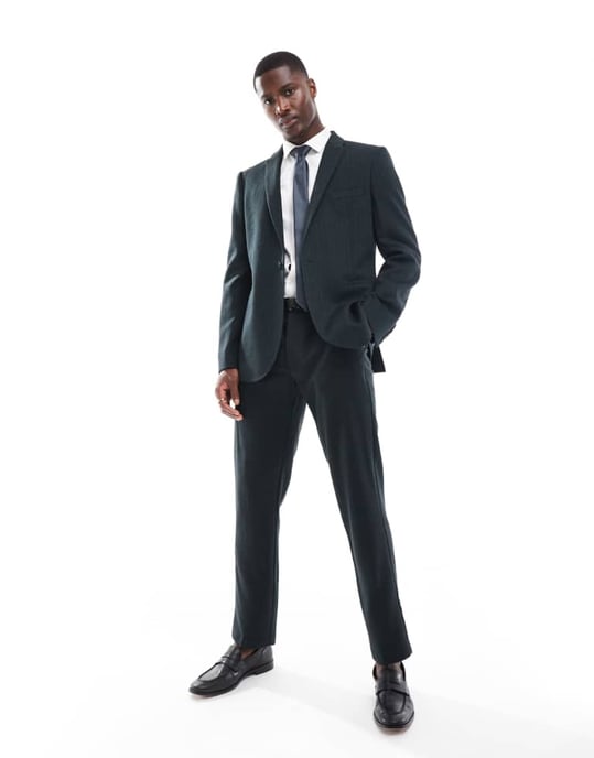 ASOS DESIGN slim fit ullblandning kostymjacka i fiskbensmönster i mörkgrön - Image 4