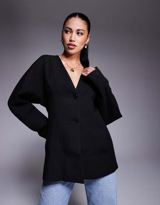 ASOS DESIGN tailored linen look textured nipped waist blazer in black - Image 1