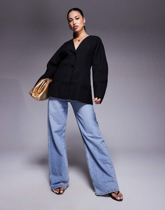 ASOS DESIGN tailored linen look textured nipped waist blazer in black - Image 2