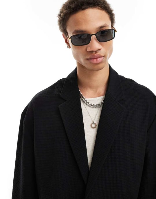 ASOS DESIGN unstructured oversized suit jacket in black seersucker - Image 4