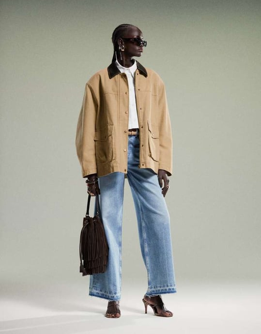 ASOS DESIGN oversized washed jacket with leather look collar in stone - Image 2