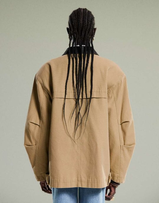 ASOS DESIGN oversized washed jacket with leather look collar in stone - Image 4